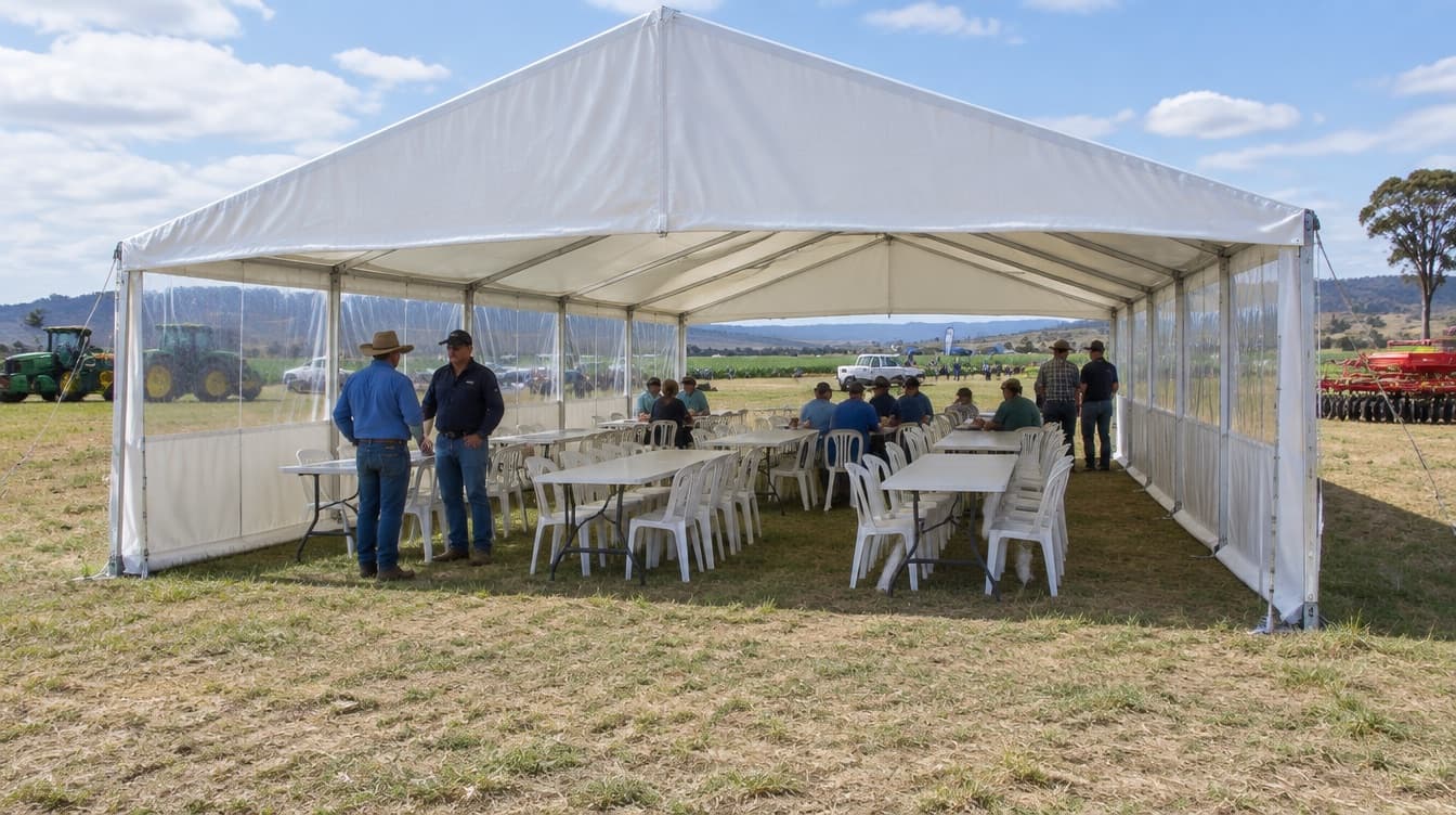 White marquee with open sides set for a seated function on a hardstand pad