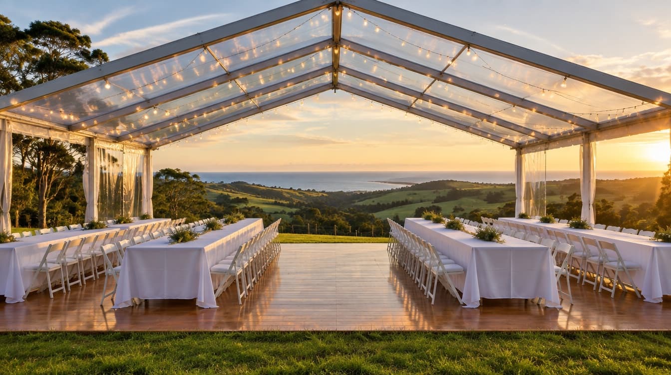 A clear-roofed marquee on a hinterland property at sunset, tables set on timber flooring, the sea in the distance.